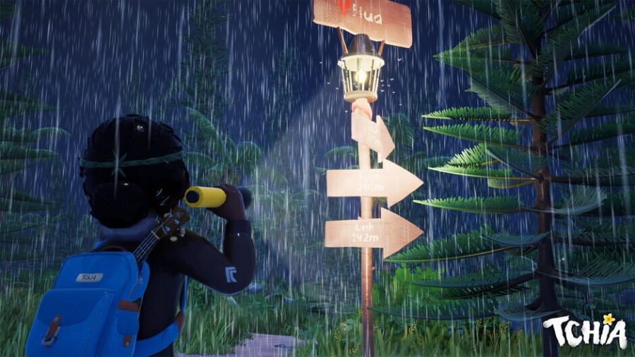 tchia using her flashlight to look at a sign in the rain
