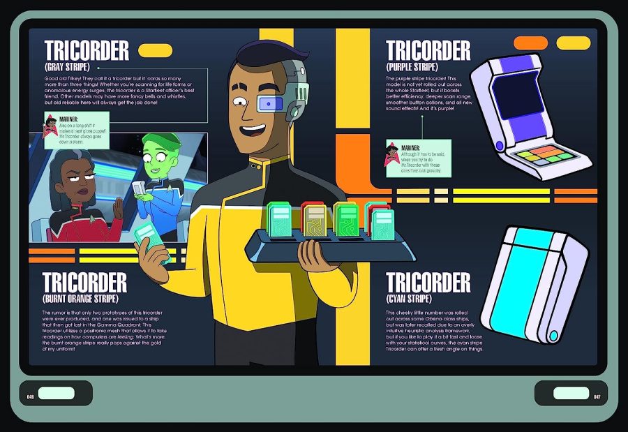 Dark-skinned young man holds a box of colored rectangles, surrounded by technological devices with various stripes labelled as different tricorders