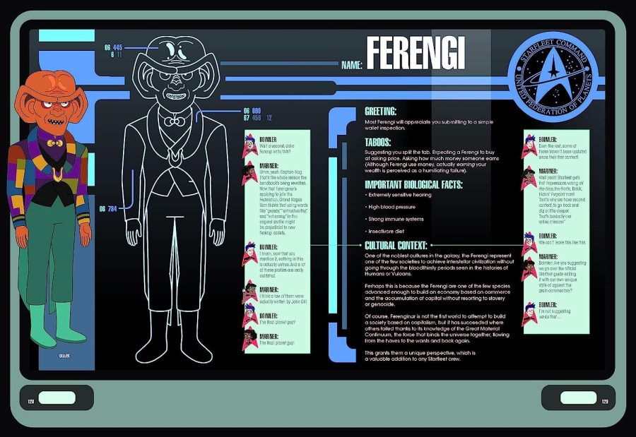 "Ferengi" orange-skinned man with large ears and two bumps on his head grins with sharp teeth, he wears mismatched patterned clothes