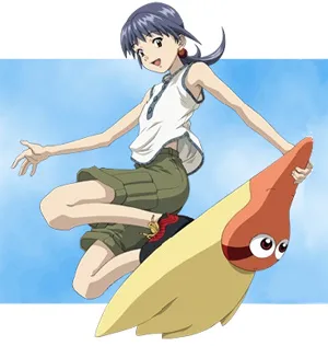 Blue-haired preteen girl wearing cargo pants and a t-shirt rides a star-shaped creature with two eyes and no mouth