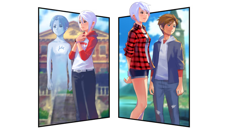 On the left, a white-haired preteen stands with a blue transparent boy without legs. He has a symbol on his chest. On the right, the white-haired girl is taller and stands with a brunette boy.