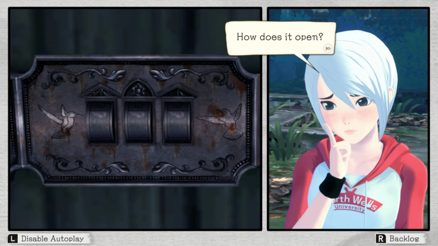 White-haired girl looks at a three-digit combination lock wondering how to open it