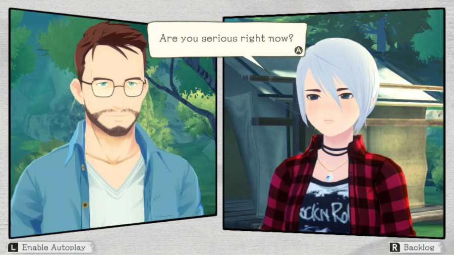 On the left a brunette man with glasses. On the right, a white-haired girl in red plaid narrows her eyes and asks if he is serious.