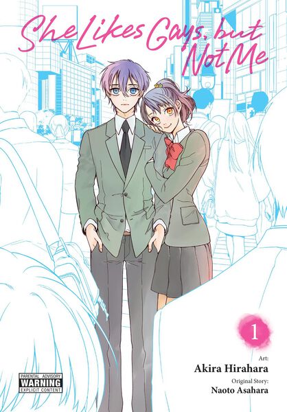 Background of light blue silhouttes of people. Foreground, a girl in a school uniform hugs a boy's arm. They are both looking at the viewer.