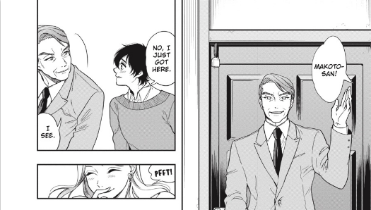 Light-haired middle-aged man walks into a room, and a young dark-haired man blushes at him. A light-haired lady laughs.