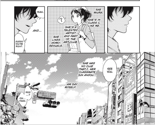 A dark-haired girl is described as liking homosexuals, but a dark-haired boy smiles and reveals to the viewer that he is gay