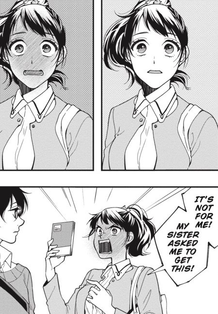 A dark-haired girl blushes and insists she is buying something for her sister. The dark-haired young man she's talking to looks unaffected.