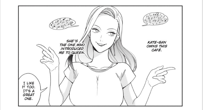 Blonde woman with white shirt dances. Text explains she owns the café and loves the song playing in the background.