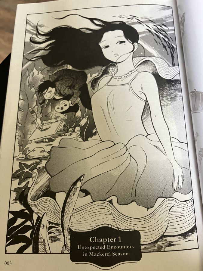 Dark-haired woman in pearls and dress stands in a giant clam shell with waves and a painter behind her