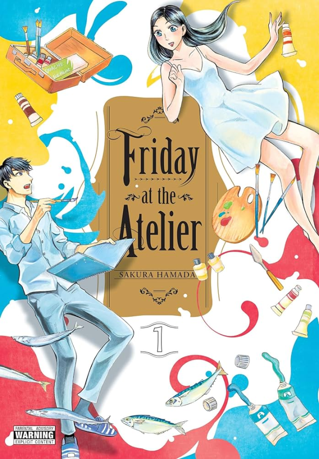 Dark-haired woman, dark-haired man, fish, and food float in the air around the title "Friday at the Atelier"