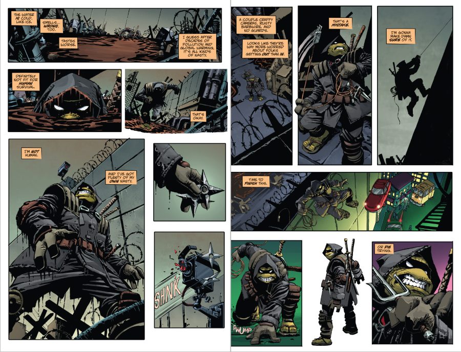 A black-masked humanoid turtle scales a large wall