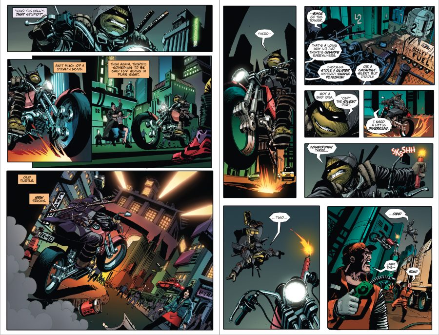 A black-masked humanoid turtle drives a motorcycle down a city street