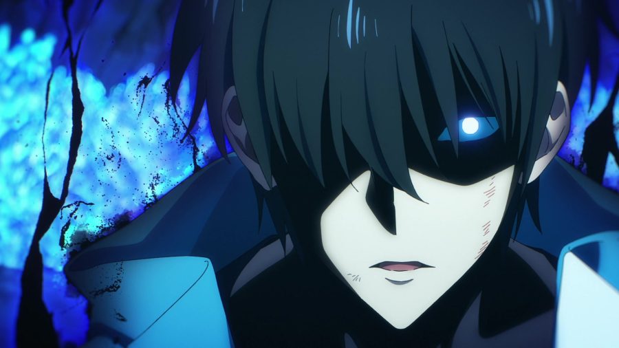 Man with shaggy hair over his left eye looks into the camera; his right eye glows blue