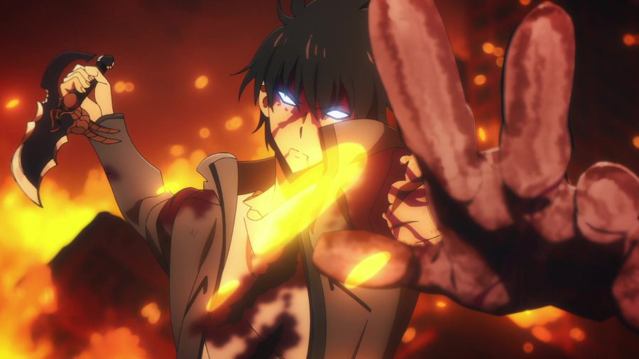 Man with glowing blue eyes and blood on his head prepares to stab the camera; fire is visible in the background