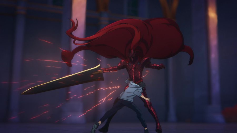 Back of man fighting a red humanoid, a broken sword is in the foreground