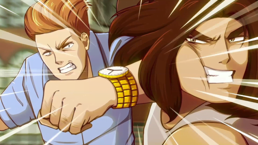 A blonde man punches a man with brown hair in a cowboy hat