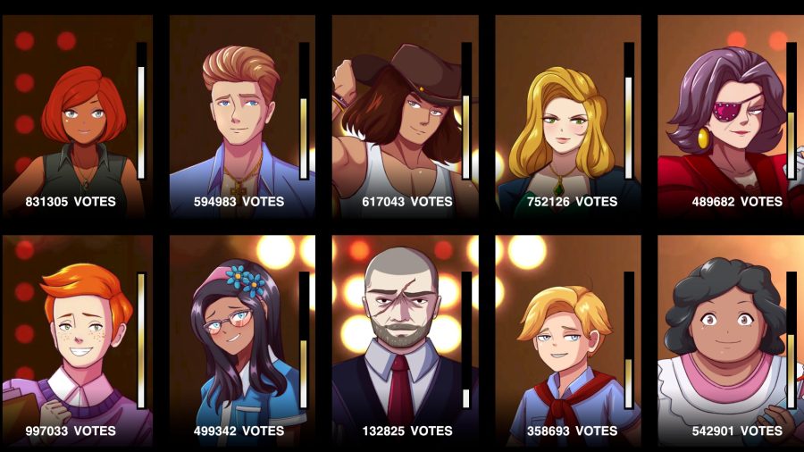 Pictures of every cast member with a number of votes beneath them