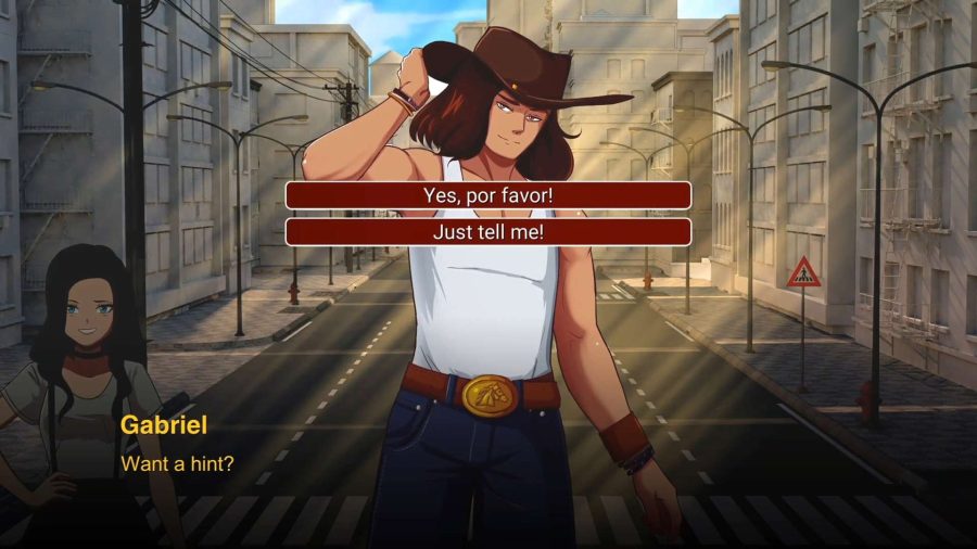 Man with long brown hair and a cowboy hat with dialog options "Yes por favor" and "Just tell me" over him.