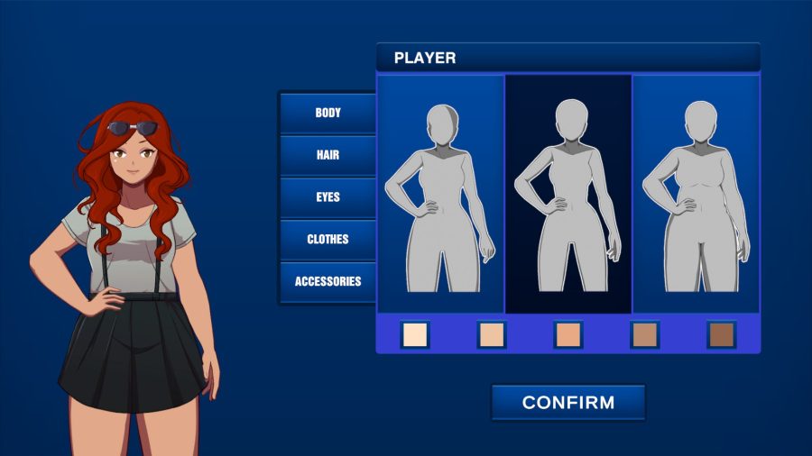 Character creation screen with three different body types, from skinny to plus size