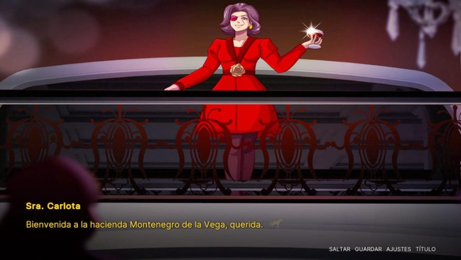 Woman in a red dress with an eyepatch speaks Spanish