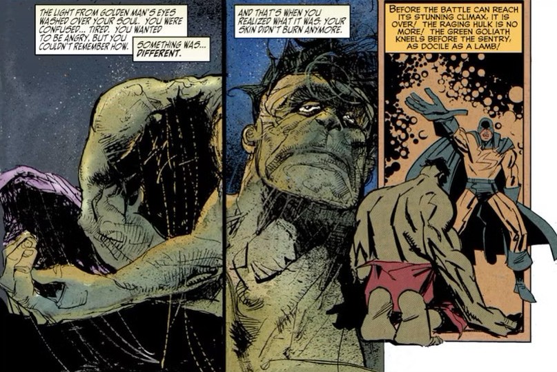 A larger green man with a sad face kneels in front of a man in a golden suit who uses light to calm the green man