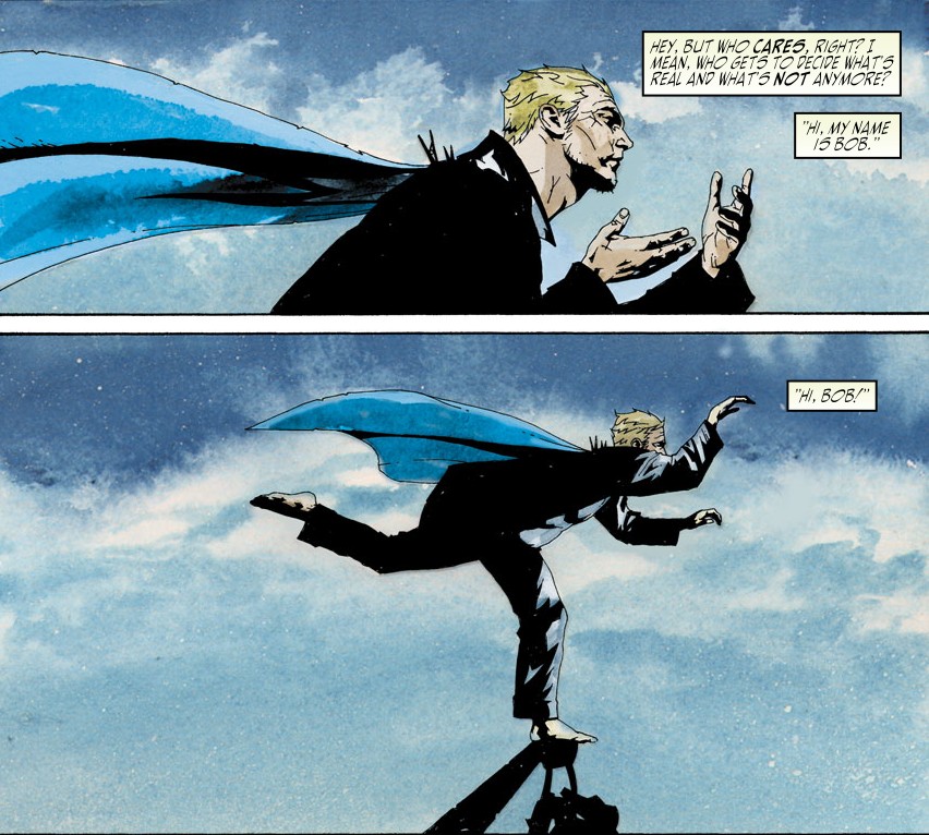 A blond man in a suit with a blue cape stands with one leg on top of a crane, mimicking a flying pose