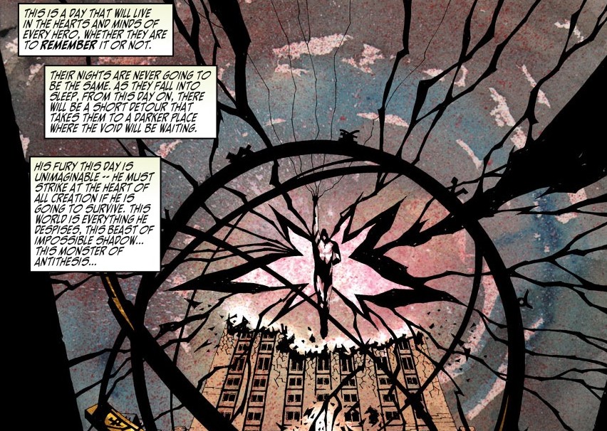 A man hovers above a broken building, tendrils of black darkness spreading from him across and causing descruction