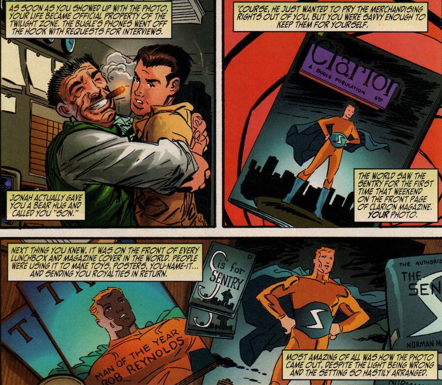 Three panels, one of a man with a cigar hugging another man in a jacket, the second of a magazine of a man in a golden suit with his hands on his hips, and the third of two other magazine covers with similar images as the first