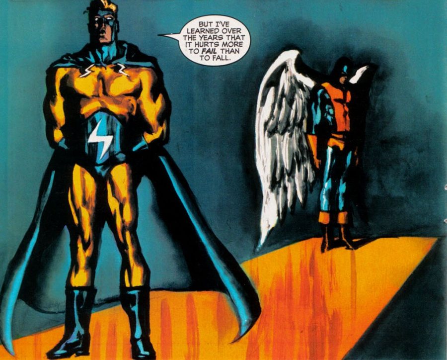 A blond man in a golden suit and blue cape talks to a man with a yellow-and-blue suit and giant white wings
