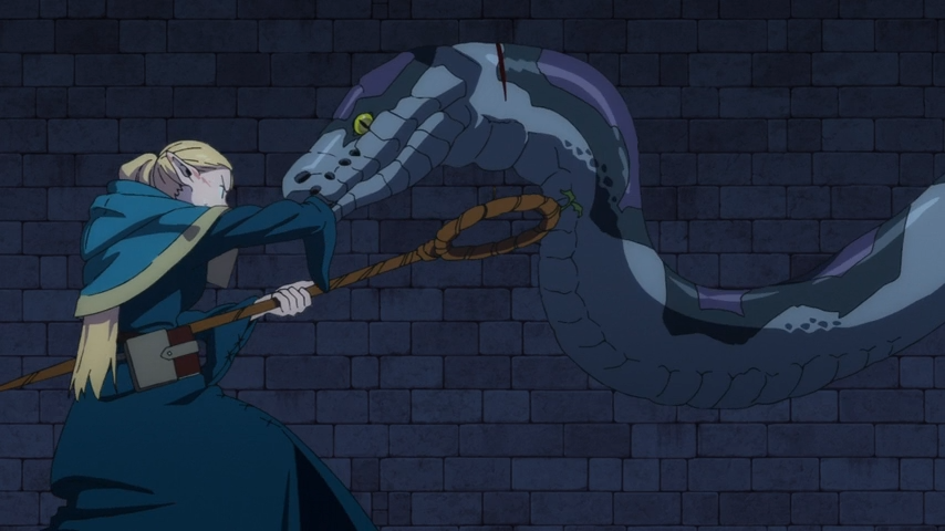 A pointed ear female loses her arm in a giant snake's mouth