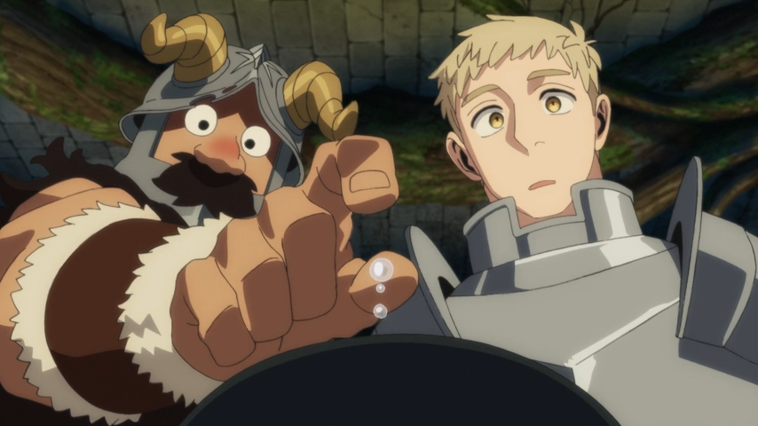 Man with horned helmet drops water into a pot while blonde man watches in confusion