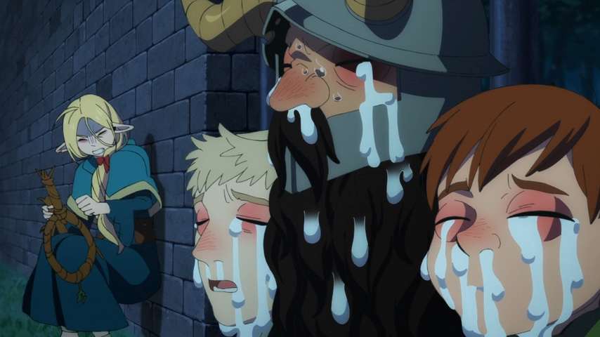 Three men with tears and snots covering their puffy faces while a female with pointed ears grits her teeth in disgust