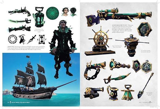Images of CGI pirate ship and various weapons