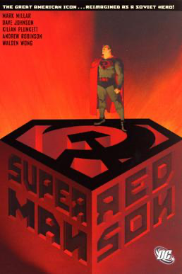 Man in blue with a red cape stands a carved symbol of a sickle and hammer