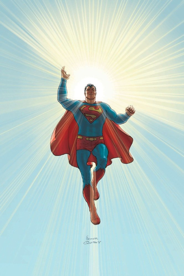 White man in blue with red cape in the sky, sun behind him