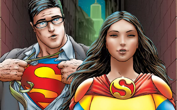 A white man with glasses rips open his shirt to reveal a red "S" while looking at a white woman in a red cape