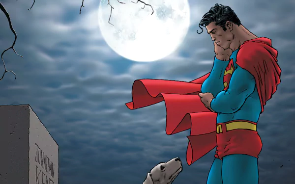 White man with red cape and a white dog stand in front of a tombstone reading "Johnathan Kent"
