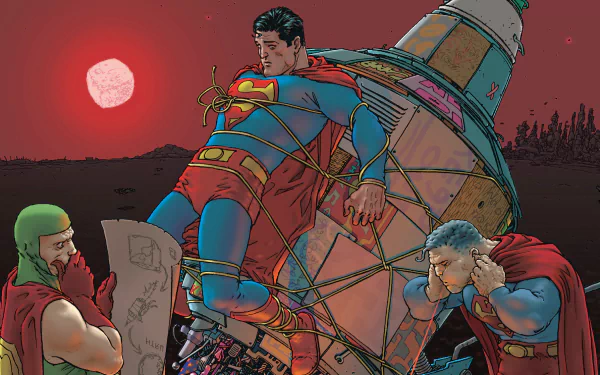 A white man in a red cape is tied to a rocket while another man in a red cape looks at a diagram and a third man in a red cape holds his ears