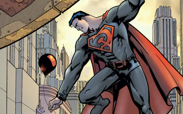 Man in blue with red sickle mark on the chest and a red cape hands a balloon to a small hand