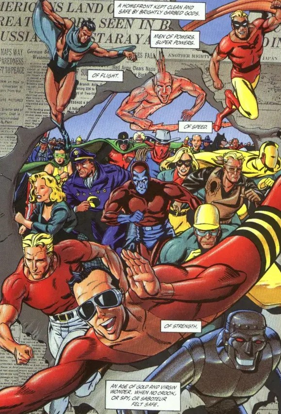 Several characters in color costumes burst through a black-and-white newspaper