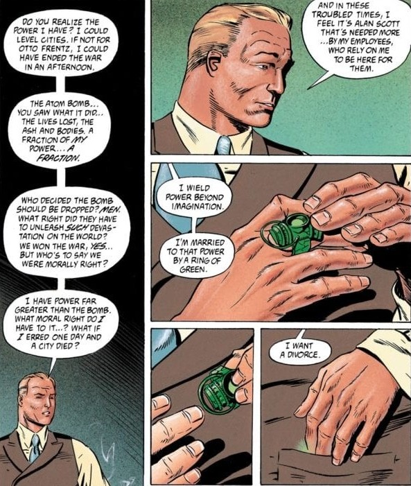 A man takes off a green ring and slips it into his pocket while talking about having a power too much for him to wield