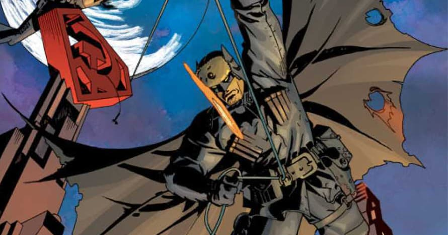 Man in black with a mask and cape rides a zipline and shoots a gun