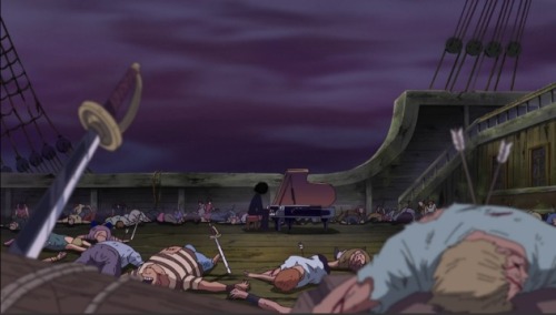 Bodies lie scattered on the ground, and a silhouette plays piano in the background