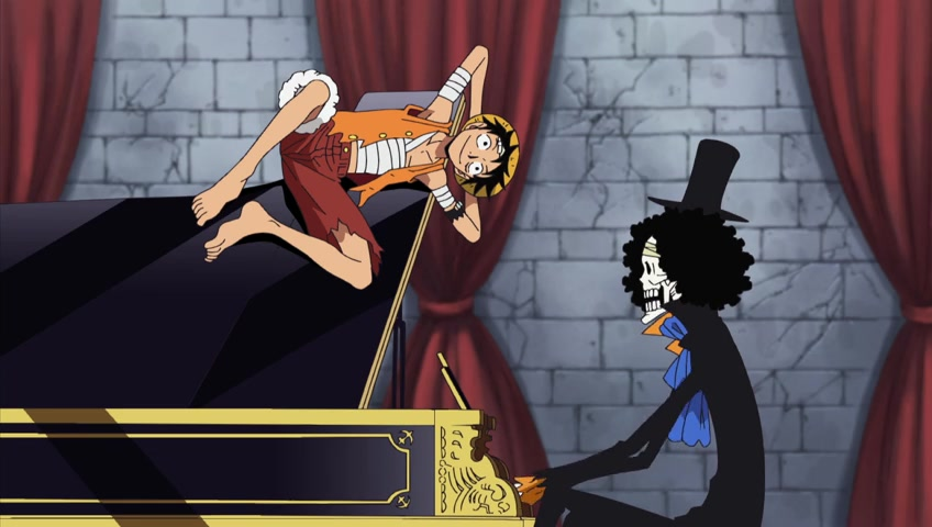 Bandaged skinny boy lays on a piano while a skeleton with an afro plays