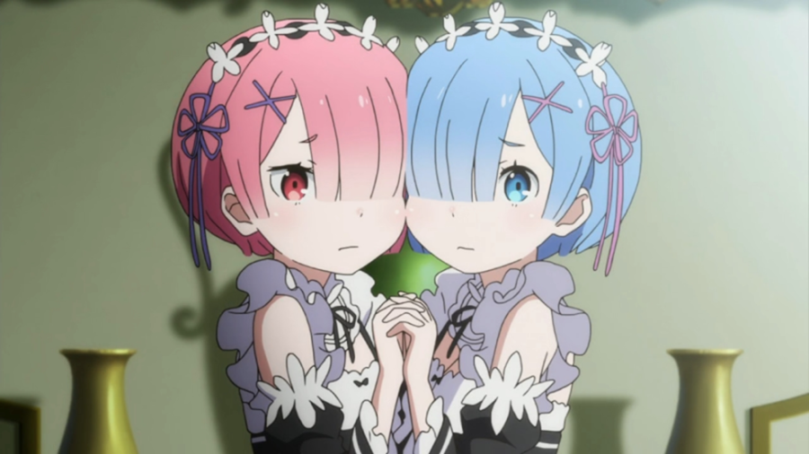 Two white girls (one with blue hair and one with pink) cling to one another