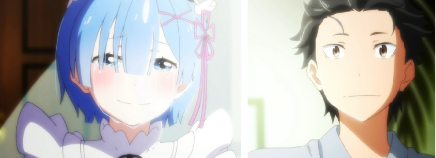 On the left, a white girl with blue hair cries with a face of relief while a white boy on the right wears a small smile
