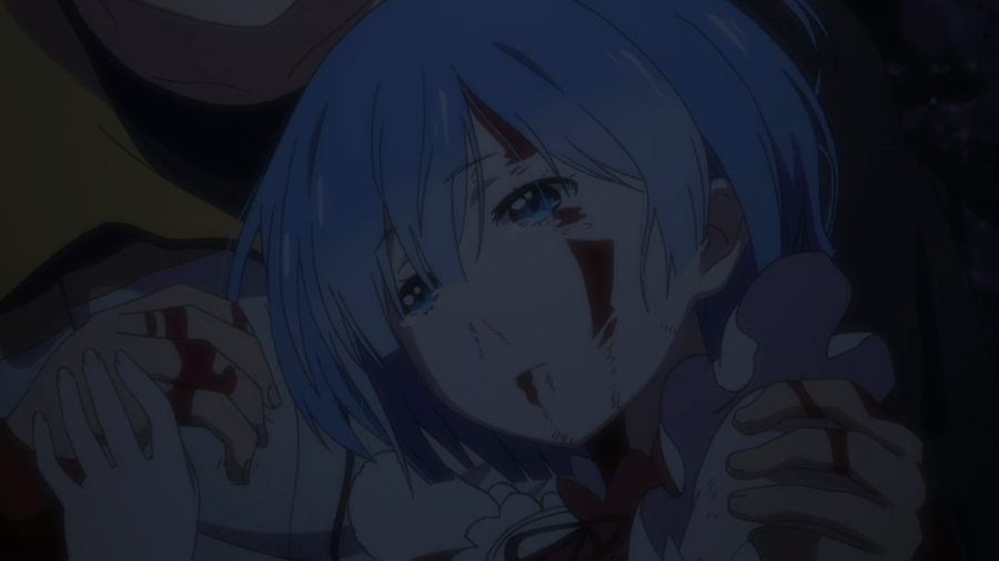 A dark shot of a bleeding girl