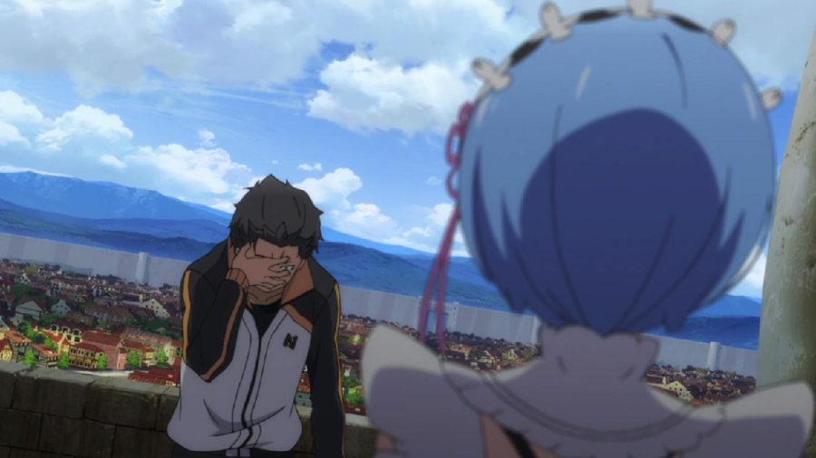 A white man cries while a girl with blue hair watches. A town and a mountain-scare is in the background.
