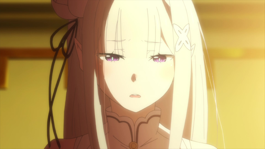 A white girl with light hair looks with pity as light shines on her