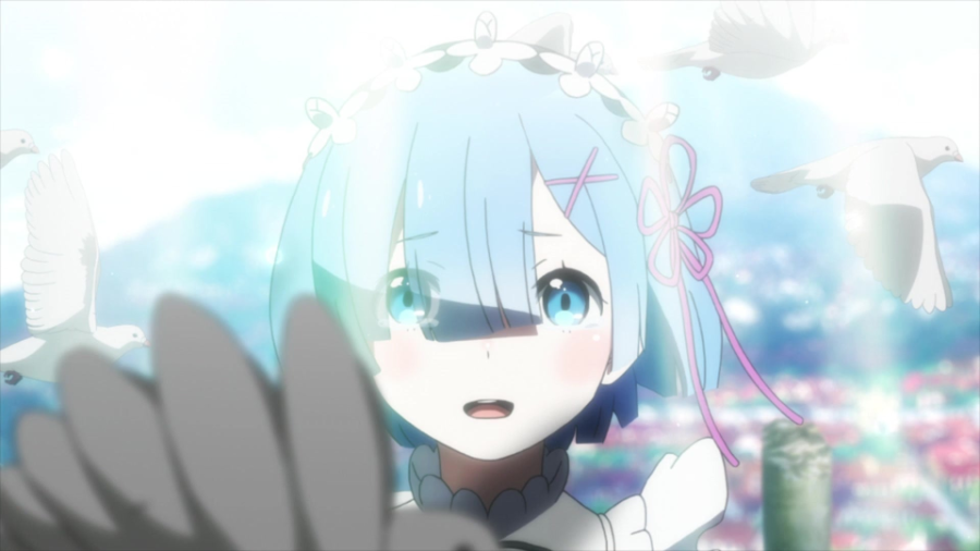 A white blue-haired girl smiles at viewer with tears in her eyes. Doves fly past in the background.